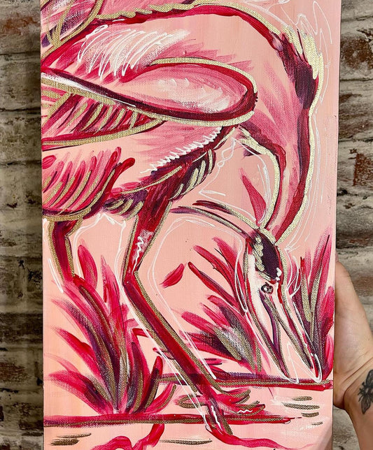 Hand Painted Pink Heron Painting on Canvas