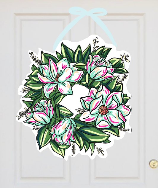 Louisiana Magnolia Wreath Teal & Pink Door Hanger