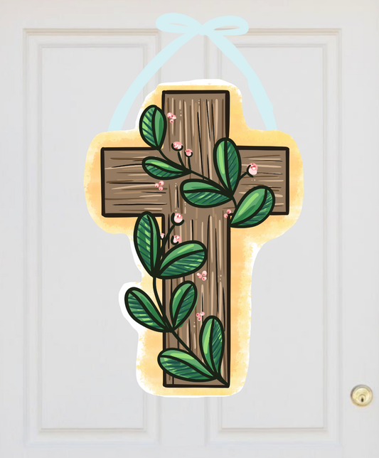 Illustrated Cross with Foliage Door Hanger