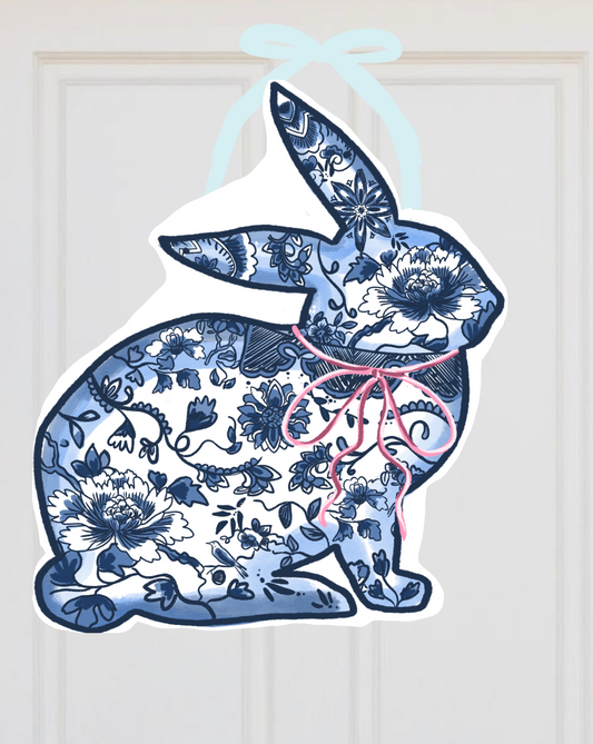 Chinoiserie Spring Bunny Rabbit Easter Door Hanger