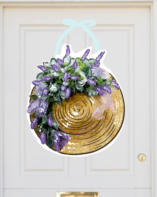 Floral Straw Hat Lavender Door Hanger