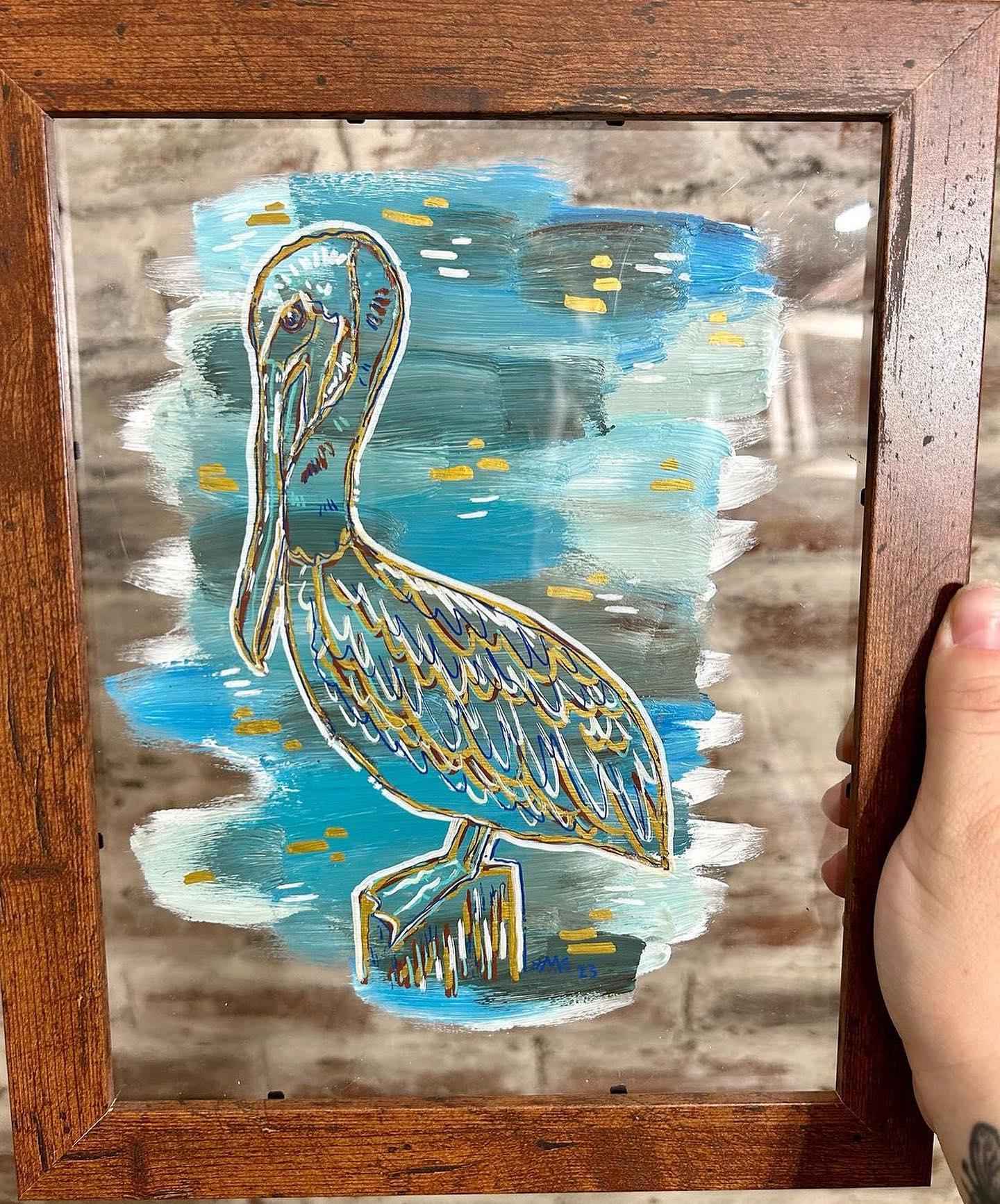 Blue Pelican Hand Painted in Wooden Frame