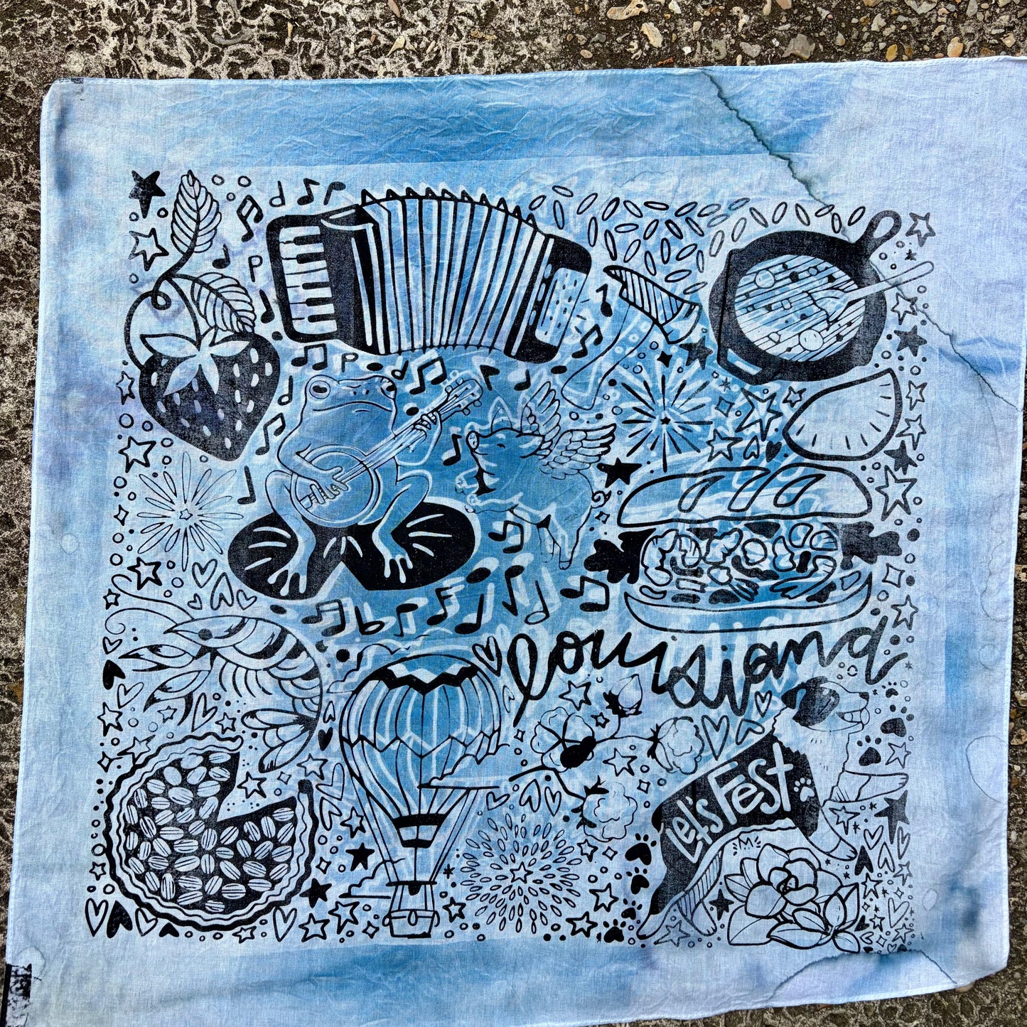 One of a Kind Cyanotype and Black Screenprint Bandana