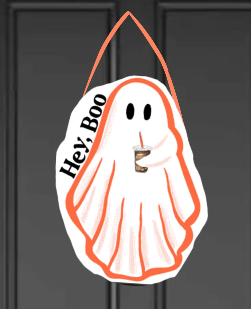 Ghost with Iced Coffee Hey Boo Halloween Door Hanger