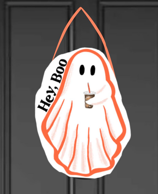 Ghost with Iced Coffee Hey Boo Halloween Door Hanger