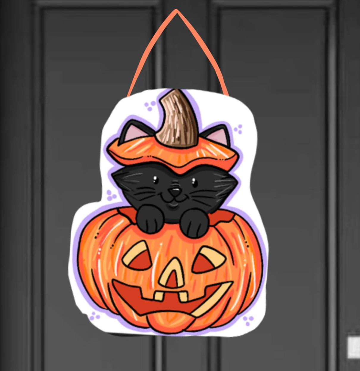 Black Cat Pumpkin Halloween Door Hanger