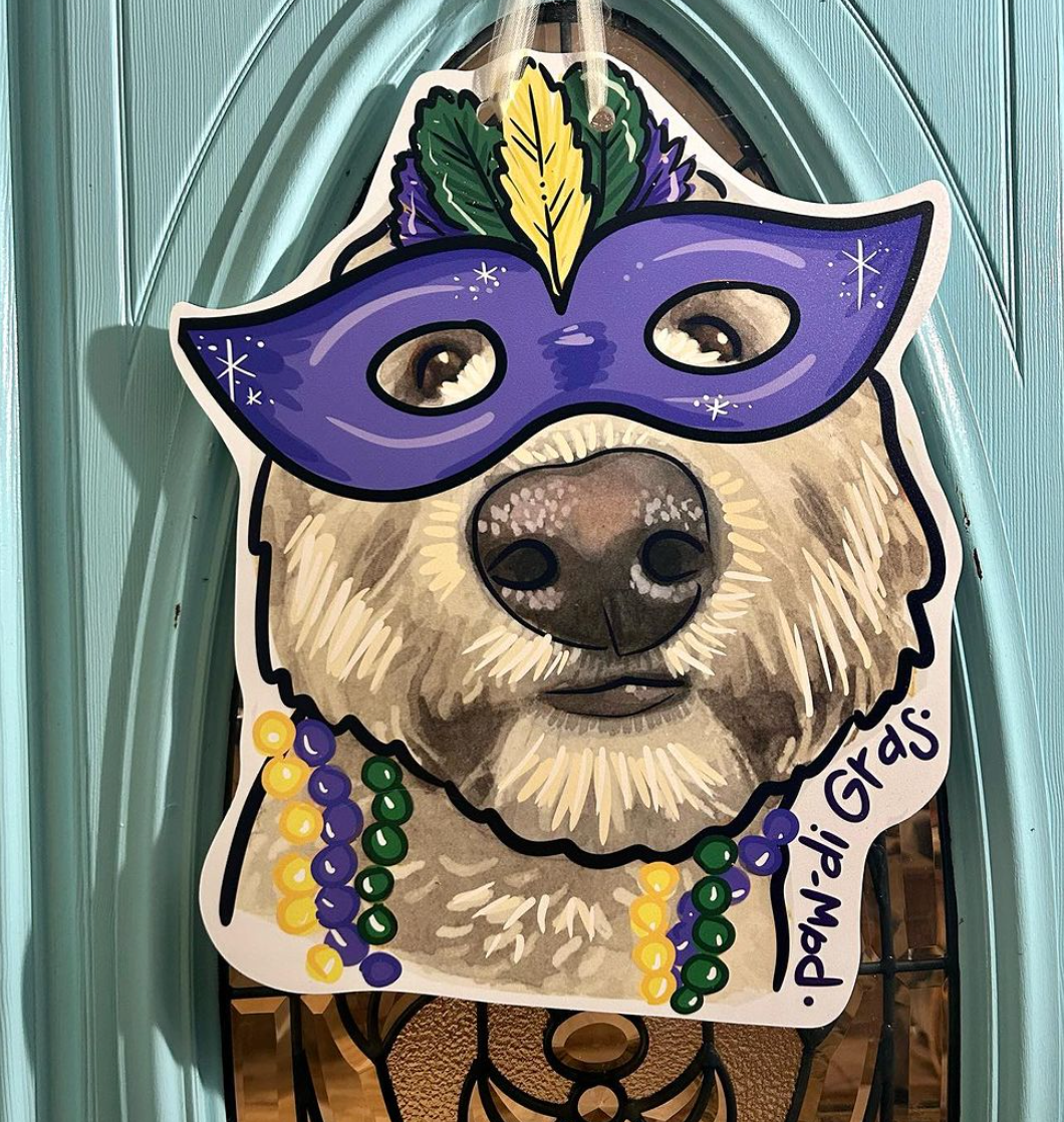 Mardi Gras GoldenDoodle Pawdi Gras Doorhanger (Darker Golden Color, Sale Only)