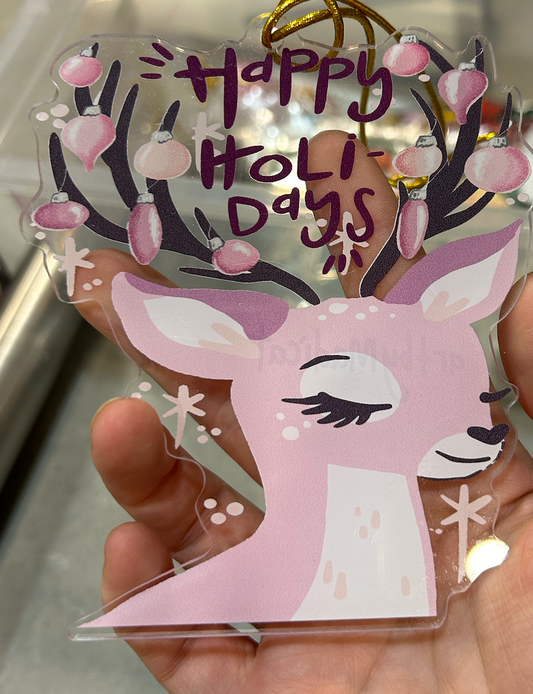 Happy Holidays Pink Reindeer Acrylic Ornament